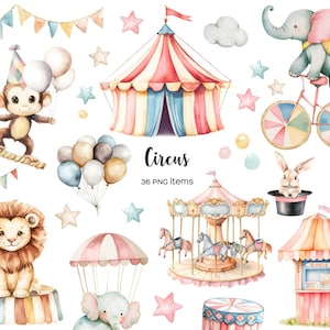 Clipart de circo en acuarela. Set de guardería con animales y actores de circo. Lindo payaso de circo, león, elefante, mono. Carruseles, clipart de Luna Park.