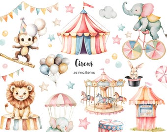 Watercolor Circus Clipart: Animals, Actors, Carousels (PNG Digital Download)