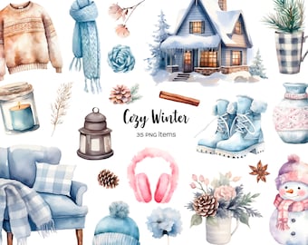 May include: A watercolor illustration of a cozy winter scene with 35 PNG items. The illustration includes a blue house with snow on the roof, a blue armchair with a plaid pillow and a blanket, a blue scarf, a blue mug with a plaid pattern, a snowman with a pink scarf, a pair of blue boots, a lantern, a candle in a jar, a cinnamon stick, a pine cone, a blue and white knitted vase with flowers, a pair of pink headphones, a blue knitted hat, and a blue flower.