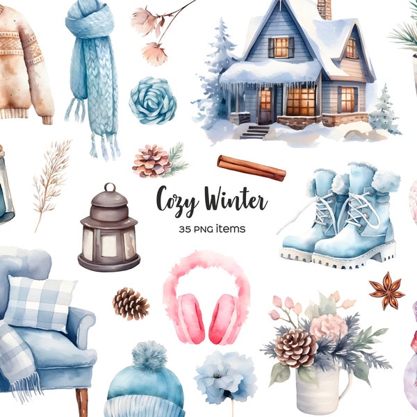 Aquarell Winter Clipart. Gemütliche Winter ClipArt. Aquarell saisonale Weihnachtsferien. Winterkleidung, Pullover. Gemütliches Dekor Winter Sticker