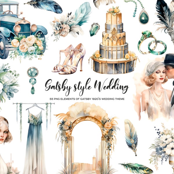 Watercolor Gatsby style wedding clipart. 1920s themed wedding clip art. Retro wedding ideas invitation decor. Vintage bride & groom 55 PNG