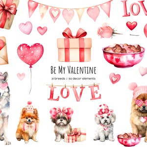 Clipart del cane di San Valentino dell'acquerello. ClipArt di cani di San Valentino. Biglietto di San Valentino per cani. Clipart di razze di cani dell'acquerello. 31 tipi di cani PNG