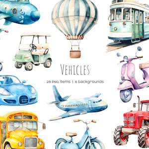 Aquarell-Transport-Clipart. Aquarell-Fahrzeuge Clipart. Luft-, Wasser- und Landfahrzeug-ClipArt. Auto, Zug, Flugzeug-Set. Stadtverkehr