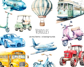 Watercolor Vehicle Clipart: Transport Set with Backgrounds (Digital Download)