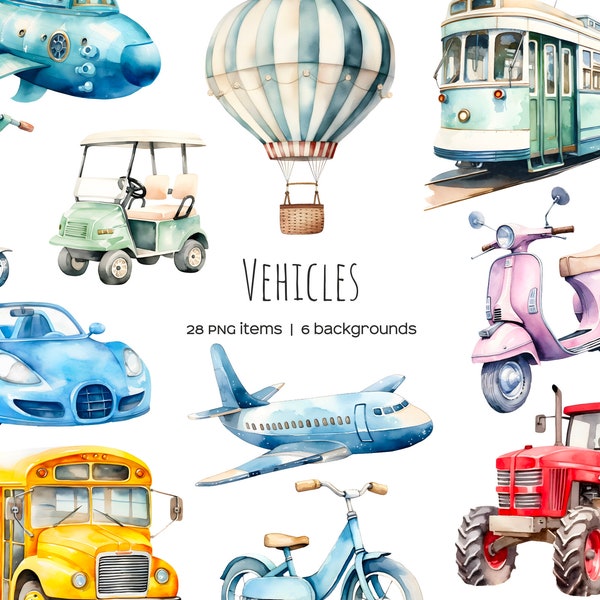 Clipart transport aquarelle. Clipart de véhicules aquarelle. Clipart de véhicules aériens, nautiques et terrestres. Voiture, train, avion. Transport urbain