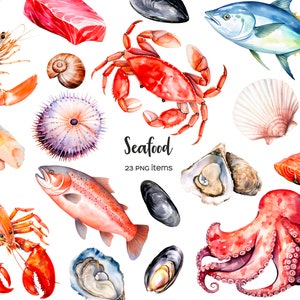 Watercolor seafood clipart. Watercolor crustacean clip art. Shrimp, octopus, squid, crab, salmon, tuna PNG illustration. Sea product clipart