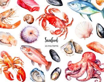Watercolor Seafood Clipart: Crab, Octopus, Squid (PNG Digital Download)