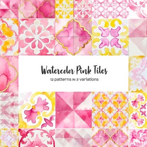 Aquarell rosa Fliesen Clipart. Pink, Gelb und Gold Fliesen Clip Art. Satz von Spanien, afrikanischen, arabischen Fliesen Aquarell Clipart. Nahtlose Fliese
