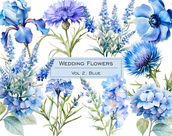 Watercolor blue wedding flowers clipart. Pastel blue flower clip art. Blue color plants watercolor anemone, cornflower, iris PNG