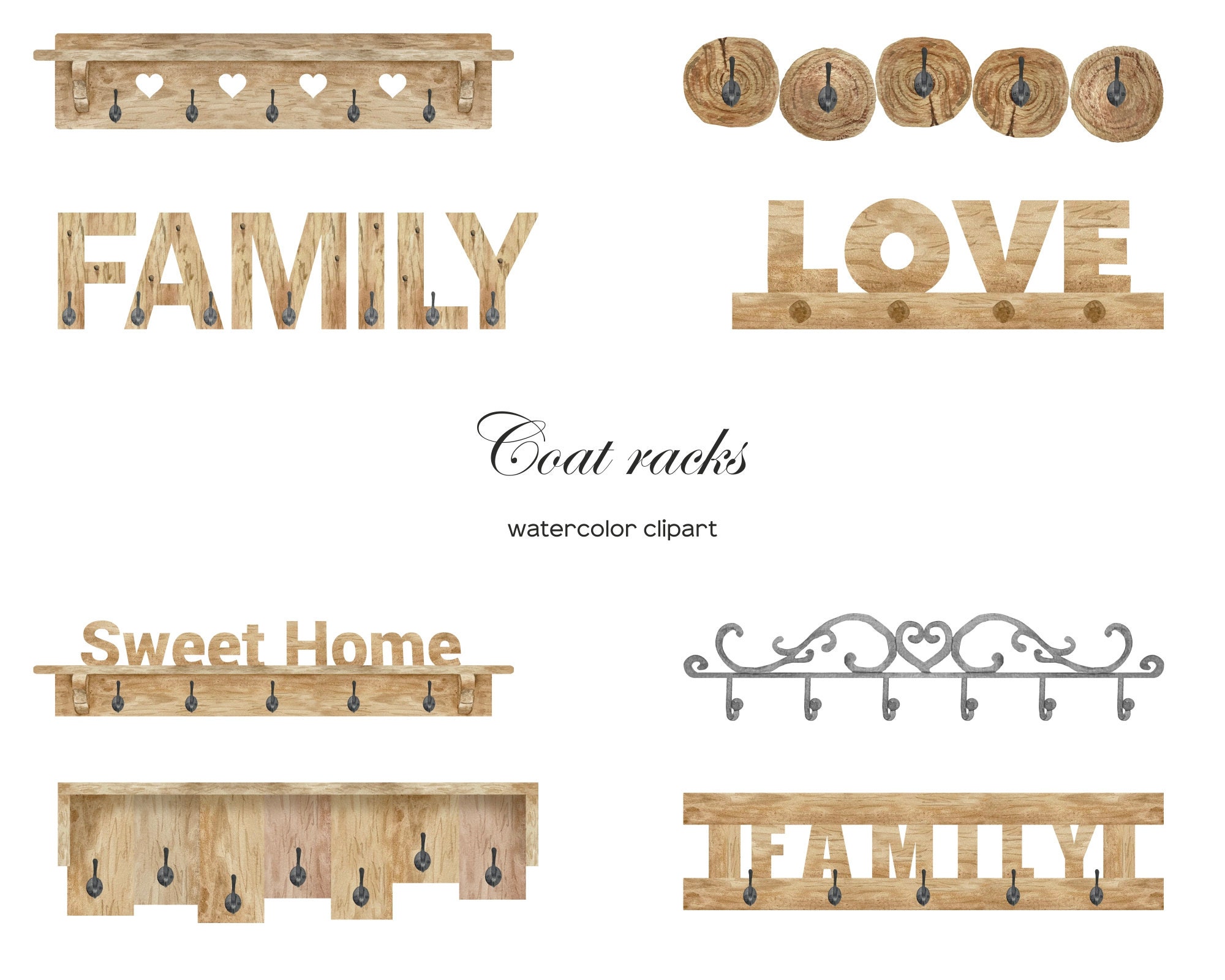 Watercolor Coat Racks Clipart. Hallway Hanger Clip Art. Wooden Clothes Hooks. Family Print