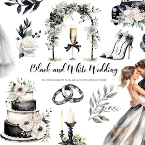 Watercolor black and white wedding clipart. Elegant monochrome wedding theme clip art. Modern monochromatic wedding ideas invitation decor