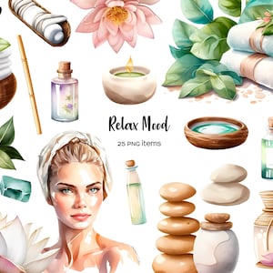 Clipart Spa aquarelle. Détendez-vous les images clipart. Temps de spa, massage PNG. Clipart de bien-être. Bain d'éléments de spa, serviette, huile aromatique, pierres de spa. Fille de spa
