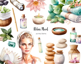 Watercolor Spa Clipart: Relaxing Aromatherapy PNG Elements (Digital Download)