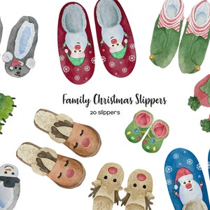 Clipart de zapatillas navideñas de acuarela. Conjunto familiar de pantuflas para estampado familiar personalizado. Creador de estampados familiares. Familia de zapatos de navidad clipart