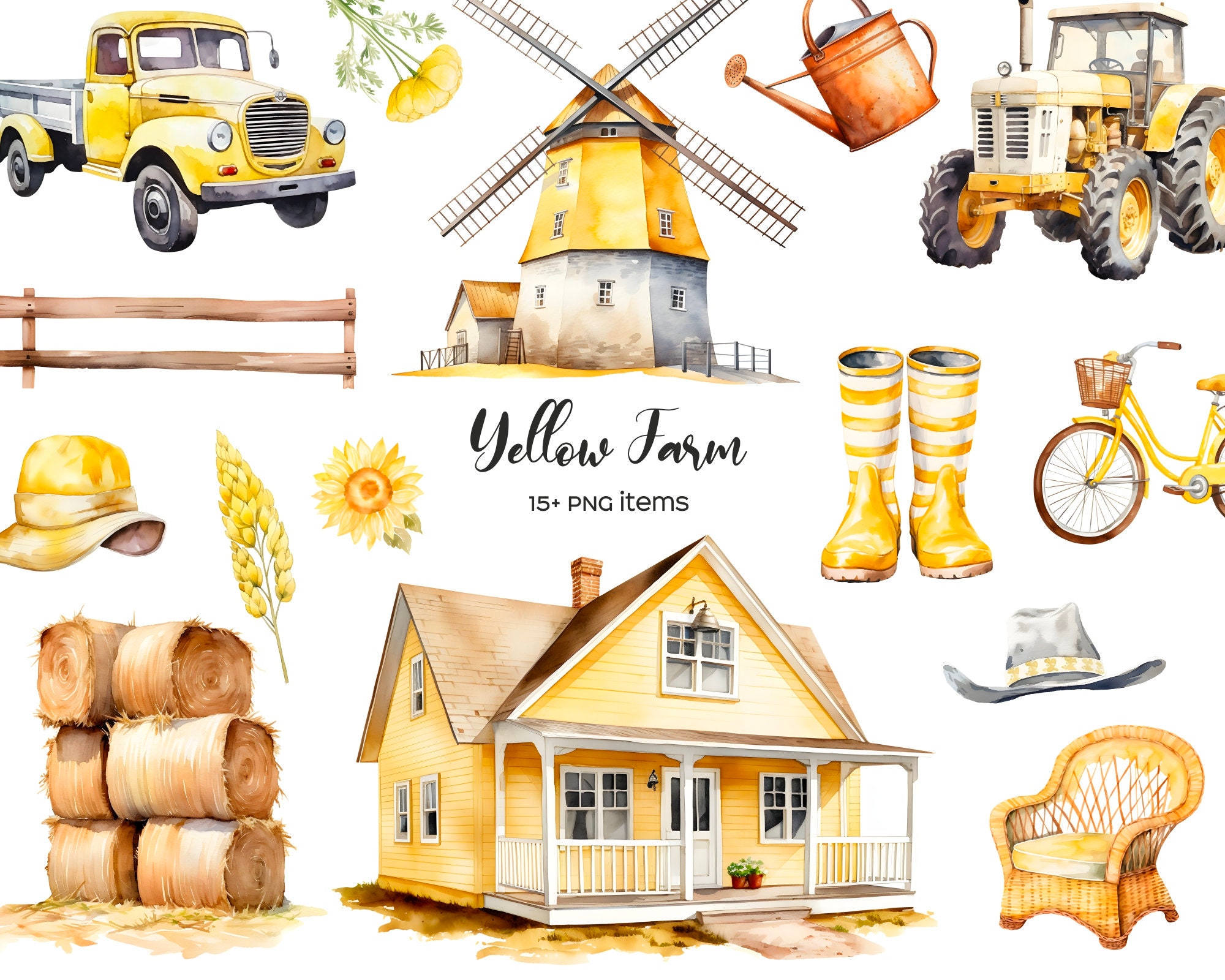Watercolor Yellow Farmhouse Clipart: Village Life Elements (PNG) - Etsy, image size:2000x1600