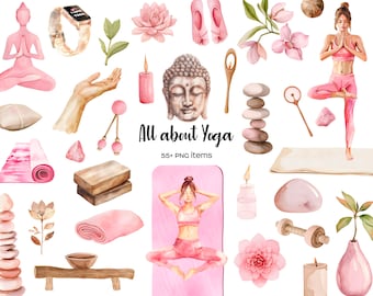 Watercolor Yoga Clipart: Pink Beige Meditation PNG Set (Digital Download)
