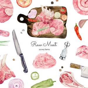 May include: A watercolor illustration of raw meat, including cuts of beef, pork, and lamb, along with various vegetables and spices. The illustration includes a cutting board, a knife, and a pepper shaker. The text "Raw Meat 35 PNG Items" is included in the image.