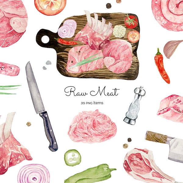 Watercolor Raw meat clipart. Fresh meat slice illustration. Steak PNG. Uncooked fresh meat. Charcuterie board clipart. Charcuterie logo