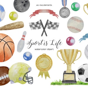 Clipart akwarelowy sportowy. Clipart piłkarski baseball rugby sprzęt sportowy. Natychmiastowe pobieranie akwarelowych piłek sportowych. PNG piłka nożna