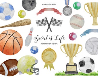Watercolor Sports Clipart: Football, Baseball, Rugby (PNG Digital Download)