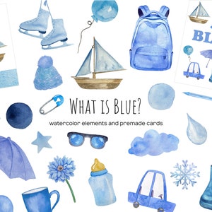 Clipart de coisas azuis aquarela. Aprendendo clipart de cor azul. Materiais educativos para crianças aprendendo. Clipart de elementos azuis. Cartões pré-escolares.
