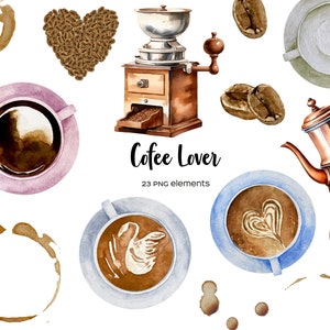 Watercolor coffee clipart. Coffee lover clip art. Watercolor coffee cup rings and coffee beans. Coffee grinder illustration. 27 PNG coffee