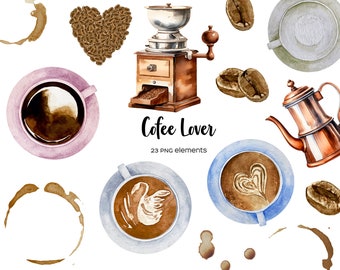 Watercolor Coffee Clipart: Coffee Beans, Cups, Grinder (27 PNG)