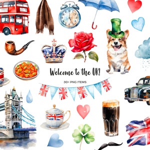 Clipart aquarela do Reino Unido. Clipart de Londres. Clipart de Inglaterra em aquarela. Elementos britânicos PNG. Clipart de viagem. Símbolos ingleses e clipart de bandeira