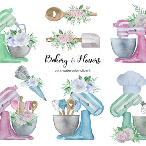 Watercolor floral mixer logo. Bakery mixer logo. Premade baking logo. Floral mixer. Watercolor baking clipart. Watercolor blue floral mixer