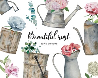Watercolor Rusty Watering Can Clipart: Vintage Floral PNG Elements