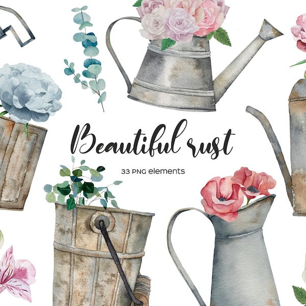 Watercolor rusty watering can clipart. Garden tool clip art. Farmhouse rusty iron elements. Vintage floral watering can. Rusty watering pail