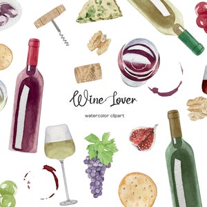Clipart di vino ad acquerello. Illustrazione del vino rosso e bianco. Clip art per amanti del vino. Bottiglie e bicchieri da vino ad acquerello. Set di vino e snack PNG