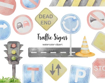 Watercolor Traffic Signs Clipart: 32 PNG Bundle (Digital Download)