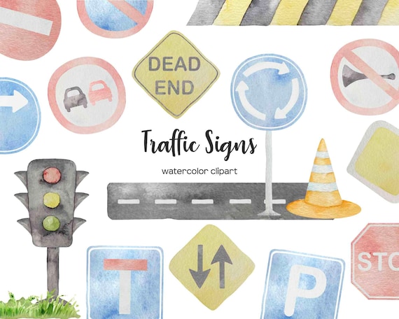 Watercolor Traffic Signs Clipart: 32 PNG Bundle (Digital Download)