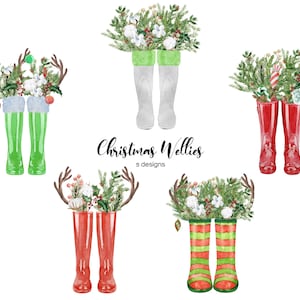 Clipart de candelabros navideños. Botas de lluvia de Navidad con flores. Ilustración de bota de welly floral. Botas de lluvia Wellington regalos de imagen