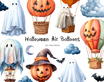 Watercolor Halloween Hot Air Balloon Clipart: Pumpkin, Ghost, Bats (PNG, JPG Digital Download)