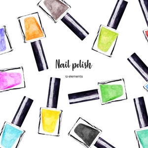 Watercolor nail polish clipart. Rainbow nailpolish clip art. Manicure nail varnish PNG, Manicure  planner stickers. Make up clipart