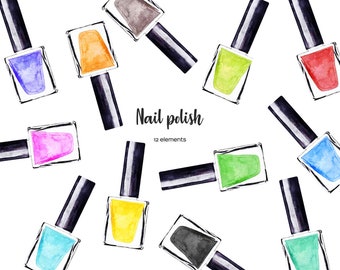 Watercolor nail polish clipart. Rainbow nailpolish clip art. Manicure nail varnish PNG, Manicure  planner stickers. Make up clipart