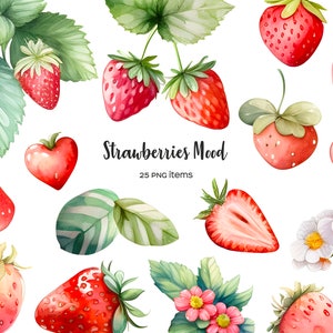 Clipart fraise aquarelle. Clipart de fraises et de feuilles. Baies rouges aquarelles avec feuilles et fleurs. Clipart fraise mignon PNG