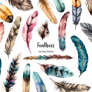 Imágenes prediseñadas de plumas de acuarela. Prediseñadas de plumas boho. invitación de boda tribal. Acuarela plumaje boho 25 png. Uso comercial de plumas