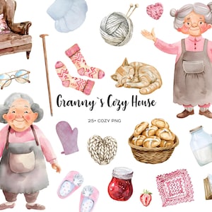 Watercolor grannys cozy home clipart. Best grandma PNG. Grandmother clipart. The old lady cozy elements 27 PNG
