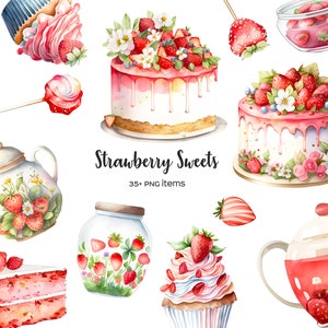 Watercolor Strawberry Sweets Clipart: Cake, Cupcake, Candies (PNG Digital Download)