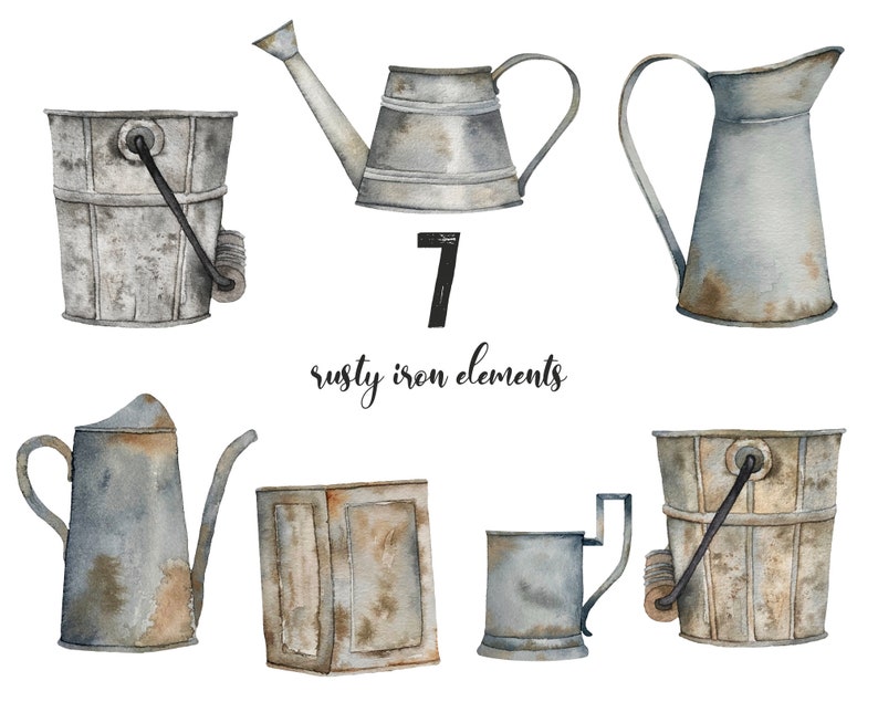 Watercolor Rusty Watering Can Clipart. Garden Tool Clip Art. Farmhouse