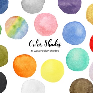 Clipart de nuances de couleur aquarelle. Clipart de cercles de couleur. Liste des couleurs définies. Noms de couleur PNG. Explosion de couleurs. Cercles aquarelles de 17 couleurs principales