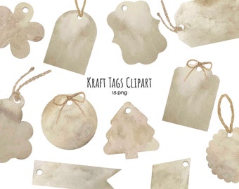 Watercolor Kraft Paper Tags Clipart: 15 Brown PNG Labels (Digital Download)