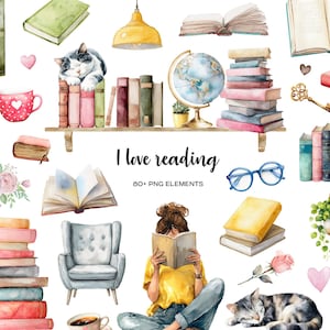 Puede incluir: Ilustración en acuarela con libros, un globo terráqueo, un gato y una persona leyendo. La imagen incluye el texto "I love reading" y elementos decorativos como corazones, flores y una taza. La paleta de colores es suave y acogedora.