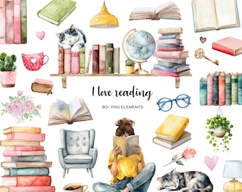 Watercolor Book Lover Clipart Set: Reading, Library, and Decor (PNG Digital Download)