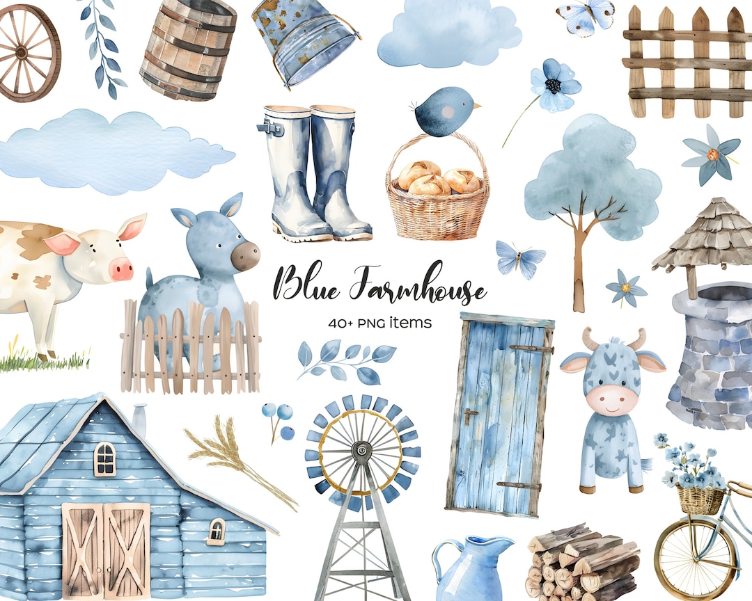 Watercolor Blue Farmhouse Elements Clipart. Blue Village Life Elements ...