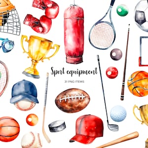 Aquarel sportuitrusting clipart. Illustraties voor sportartikelen. Voetbal honkbal hockey golf apparatuur clipart. Aquarel sportballen PNG