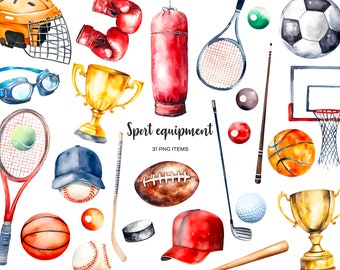 Watercolor Sport Equipment Clipart: 31 PNG Illustrations (Digital Download)